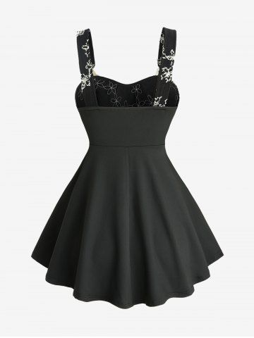 Floral Jacquard Textured Backless Top and Lace Up Lace-trim Grommet Two Tone Flare Pants Plus Size Outfit