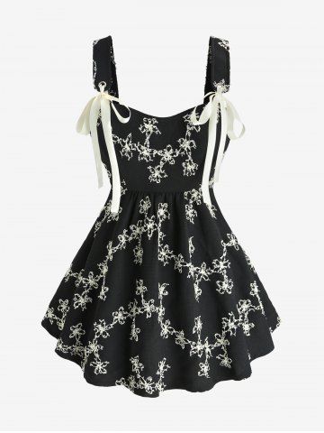 Floral Jacquard Textured Backless Top and Lace Up Lace-trim Grommet Two Tone Flare Pants Plus Size Outfit