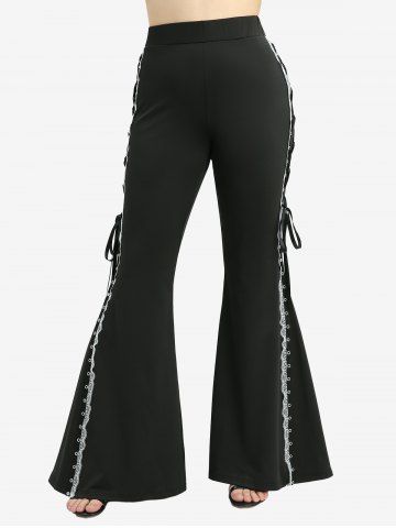 Floral Jacquard Textured Backless Top and Lace Up Lace-trim Grommet Two Tone Flare Pants Plus Size Outfit