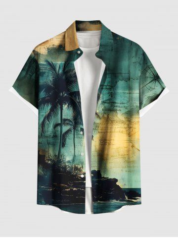 Plus Size Coconut Tree Sea Map Print Hawaii Button Pocket Shirt For Men - GREEN - L