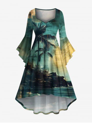 Plus Size Coconut Tree Sea Map Print Hawaii Ruched High Low Asymmetric Dress - GREEN - 6X