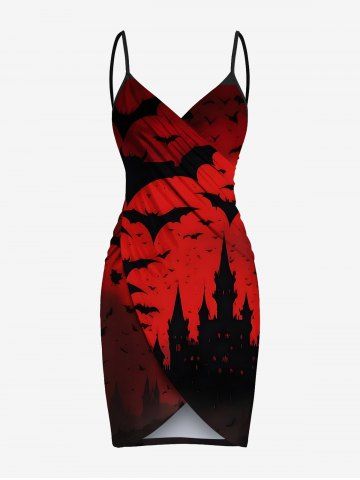 Plus Size Bat Moon Castle Print Halloween Ombre Convertible Beach Cover Up - RED - XXS