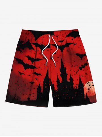 Plus Size Bat Moon Castle Print Halloween Ombre Drawstring Beach Shorts For Men - RED - 8XL