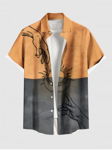 Plus Size Sun Moon Hand Contrast Colorblock Print Button Pocket Shirt For Men - ORANGE - L