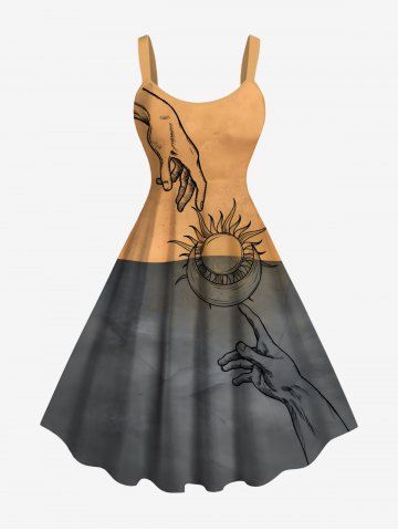 Plus Size Sun Moon Hand Contrast Colorblock Print A Line Tank Dress - ORANGE - S