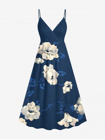 Plus Size Flower Leaf Branch Print Hawaii Surplice A Line Cami Dress - SKY BLUE - 3X