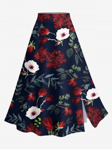 Plus Size Flower Leaf Branch Print Hawaii Split A Line Skirt - BLACK - 6X