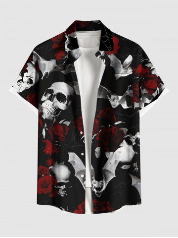 Plus Size Skull Bat Rose Flower Print Halloween Button Pocket Shirt For Men - BLACK - XL