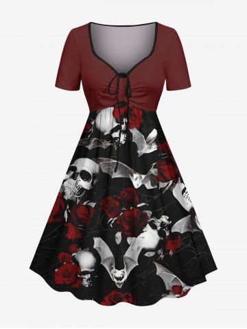 Plus Size Skull Bat Rose Flower Print Halloween Cinched A Line Dress - RED - XXS