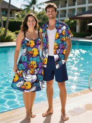 Colorful Ducks Print Plus Size Matching Hawaii Beach Outfit For Couples -  