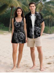Matching Hawaii Shirt and Romper Plus Size Beach Outfit Flowers Leaf Printed for Couples -  
