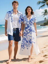 Hibiscus Flowers Leaf Print Plus Size Matching Hawaii Beach Outfit For Couples -  