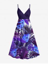 Plus Size Hibiscus Flowers Tropical Leaf Print Surplice Hawaii Cami Dress -  
