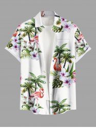 Chemise hawaïenne grande taille à imprimé cocotier, flamant rose, fleurs et feuilles, boutons et poches pour homme - Blanc L