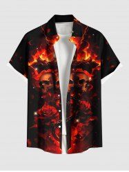 Plus Size Halloween Skulls Fire Flame Rose Flower Cross Print Buttons Pocket Shirt For Men -  