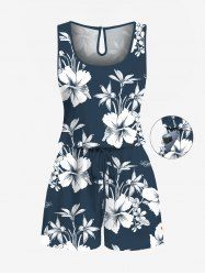 Plus Size Hibiscus Flowers Leaf Tropical Leaf Print Cinched Hawaii Romper -  