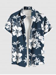 Chemise hawaïenne grande taille à imprimé feuilles d'hibiscus et feuilles tropicales, avec poches et boutons, pour homme - Bleu Marine 5XL
