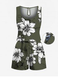 Combinaison hawaïenne cintrée grande taille à imprimé feuilles tropicales et fleurs - Vert Armée  1X