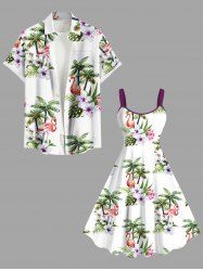 Coconut Tree Flamingo Flowers Leaf Print Plus Size Matching Hawaii Beach Outfit For Couples -  