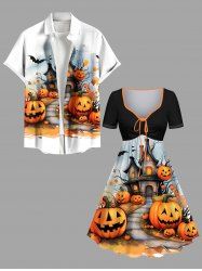 Tenue assortie grande taille pour couple, motif château de citrouilles et chauve-souris, pour Halloween - Noir 