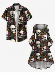 Skull Flower Print Plus Size Matching Hawaii Beach Outfit For Couples -  
