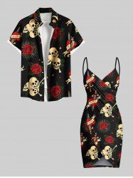 Halloween Skull Rose Flower Heart Sword Print Plus Size Matching Outfit For Couples -  
