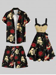 Halloween Skull Rose Flower Heart Print Plus Size Matching Outfit For Couples -  