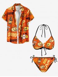 Halloween Pumpkin Ghost Bottles Letters Print Shirt Swimsuit Matching Outfit For Couples -  