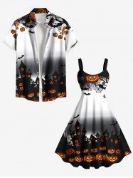 Halloween Pumpkin Castle Bat Spider Web Ombre Print Plus Size Matching Outfit For Couples - Blanc 