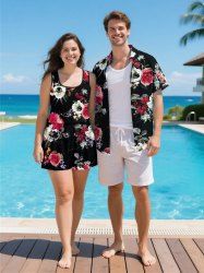 Matching Hawaii Shirt and Romper Plus Size Beach Outfit Flower Leaf Print For Couples -  