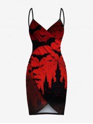 Cache-maillot de plage convertible grande taille à imprimé château, chauve-souris, lune et ombré pour Halloween - Rouge 3X