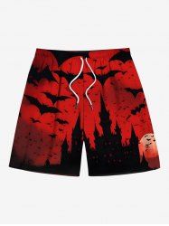 Plus Size Bat Moon Castle Print Halloween Ombre Drawstring Beach Shorts For Men -  