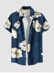 Plus Size Flower Leaf Branch Print Hawaii Button Pocket Shirt For Men -  