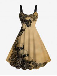 Plus Size Distressed Skull Flower Print Halloween A Line Tank Dress -  