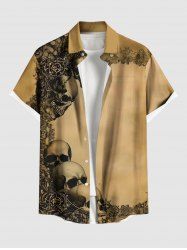 Chemise grande taille à imprimé tête de mort et fleurs pour homme, avec poches boutonnées et boutons, idéale pour Halloween - Bronze XL