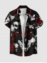 Chemise grande taille à imprimé tête de mort, chauve-souris, rose, Halloween, boutonnée et poche pour homme - Noir 4XL