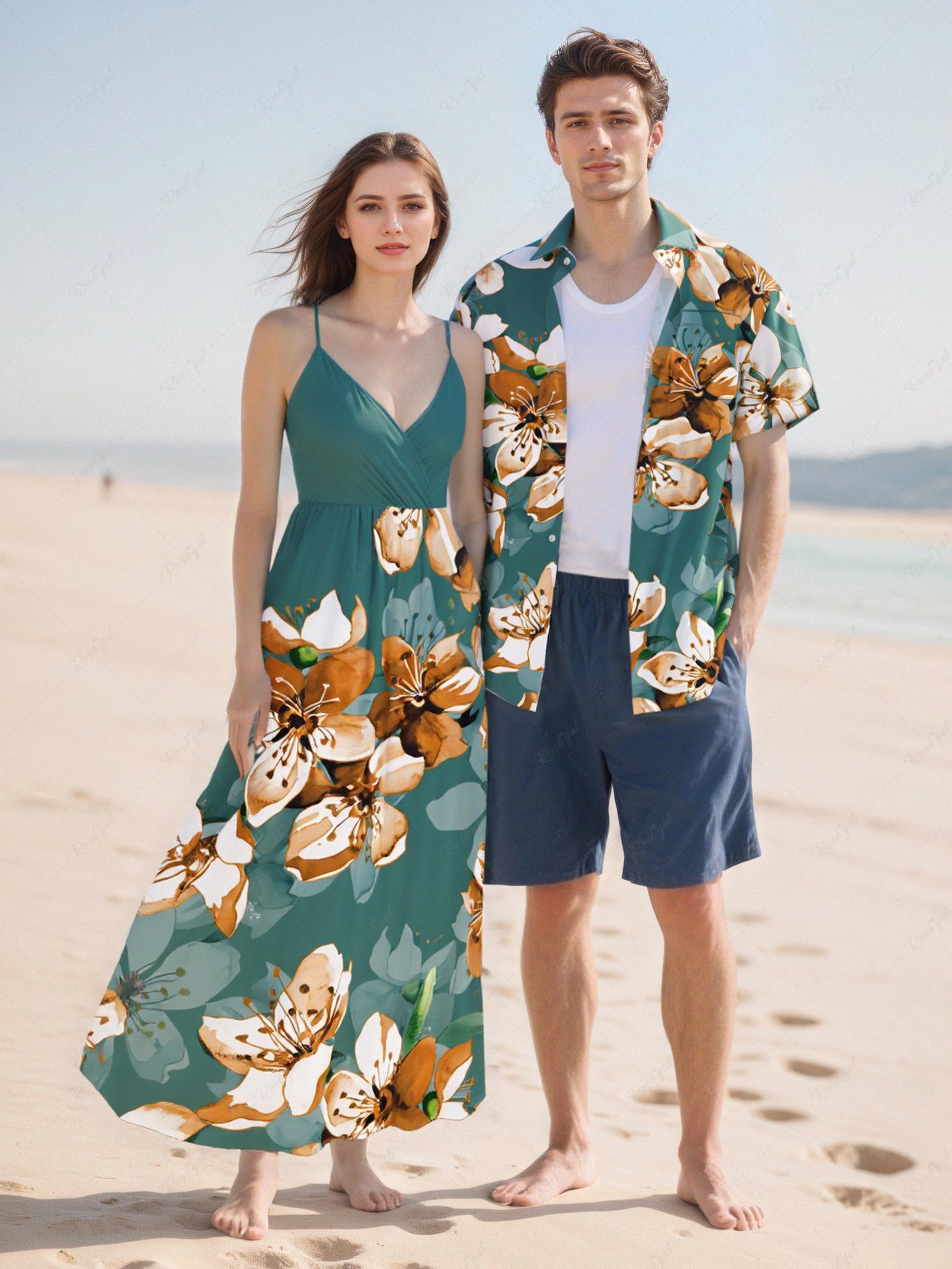Tenue de plage hawaïenne assortie grande taille à imprimé floral ombré pour couples Vert 
