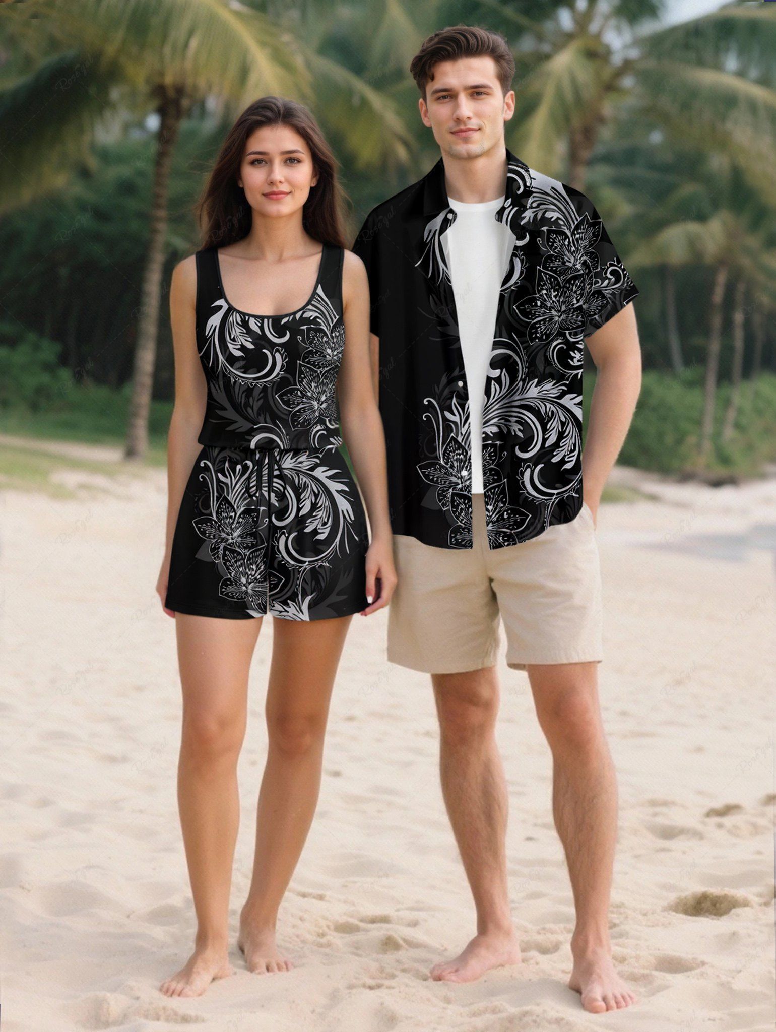 Latest Matching Hawaii Shirt and Romper Plus Size Beach Outfit Flowers Leaf Printed for Couples  