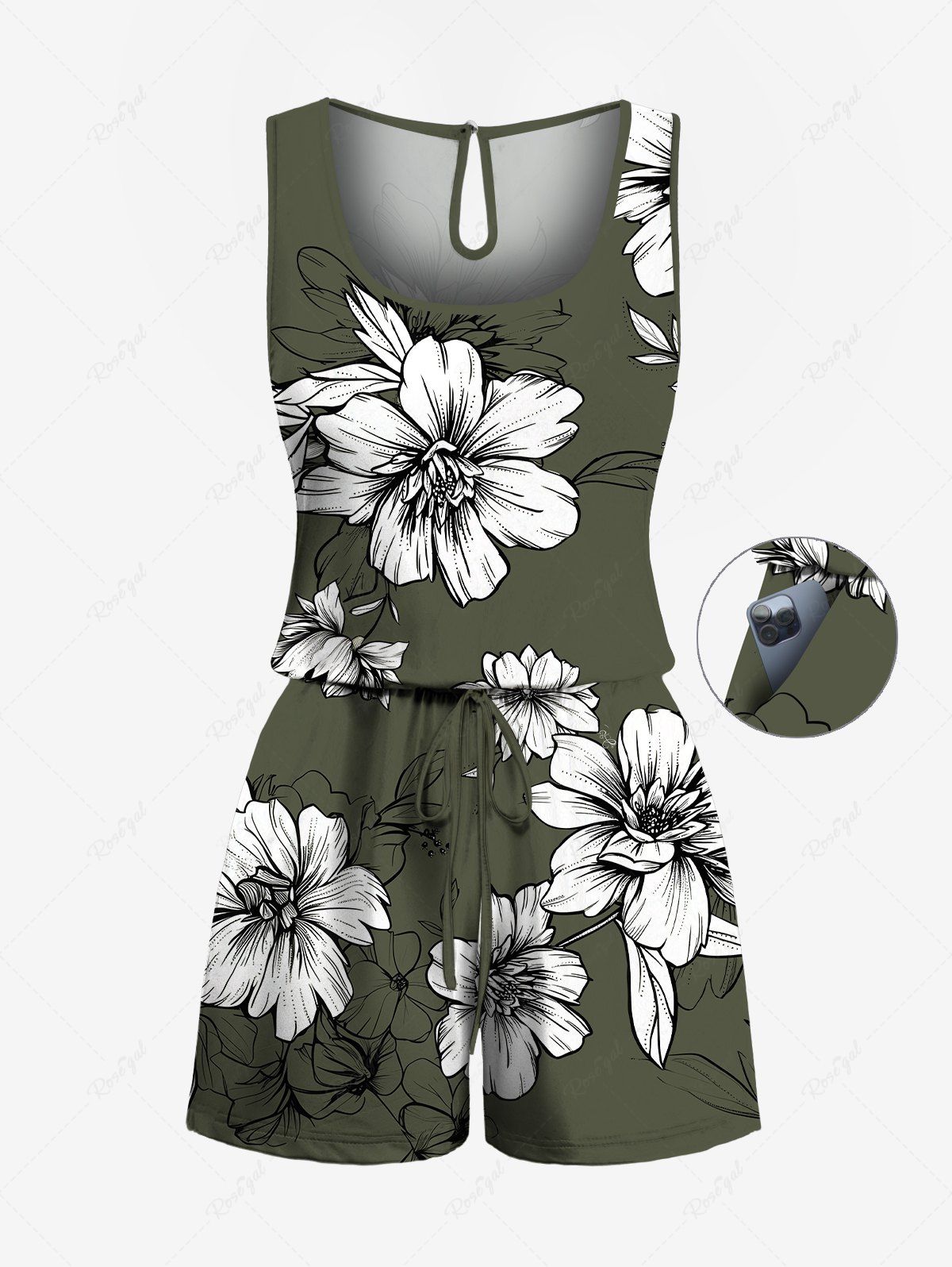 Shops Plus Size Flowers Leaf Tropical Leaf Print Cinched Hawaii Romper  