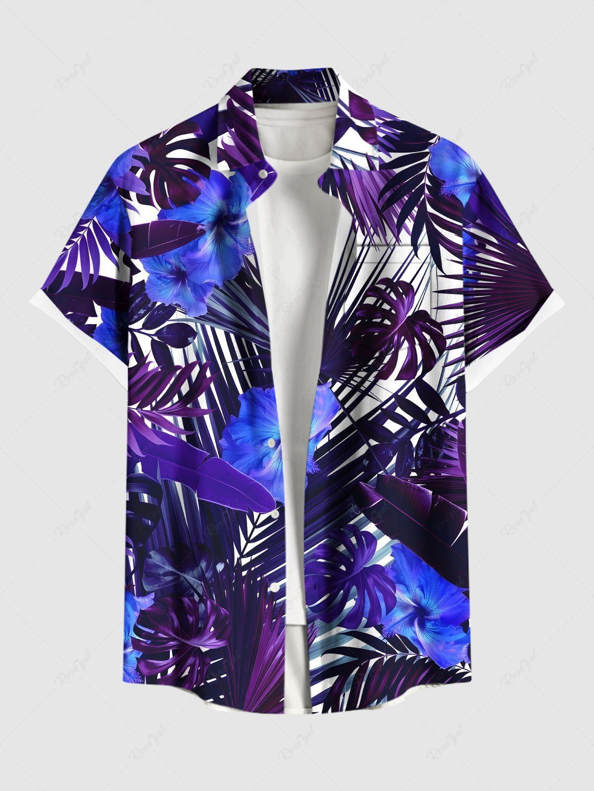 Chemise hawaïenne grande taille à imprimé feuilles tropicales et fleurs d'hibiscus, avec poches et boutons, pour homme Bleu Marine 6XL