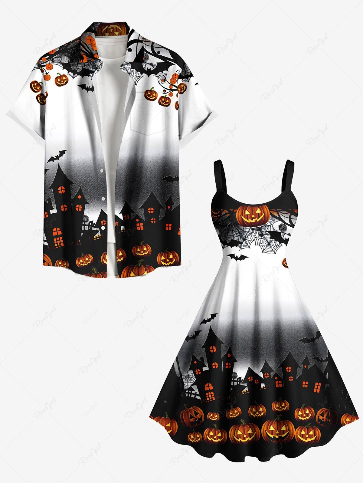 Halloween Pumpkin Castle Bat Spider Web Ombre Print Plus Size Matching Outfit For Couples Blanc 