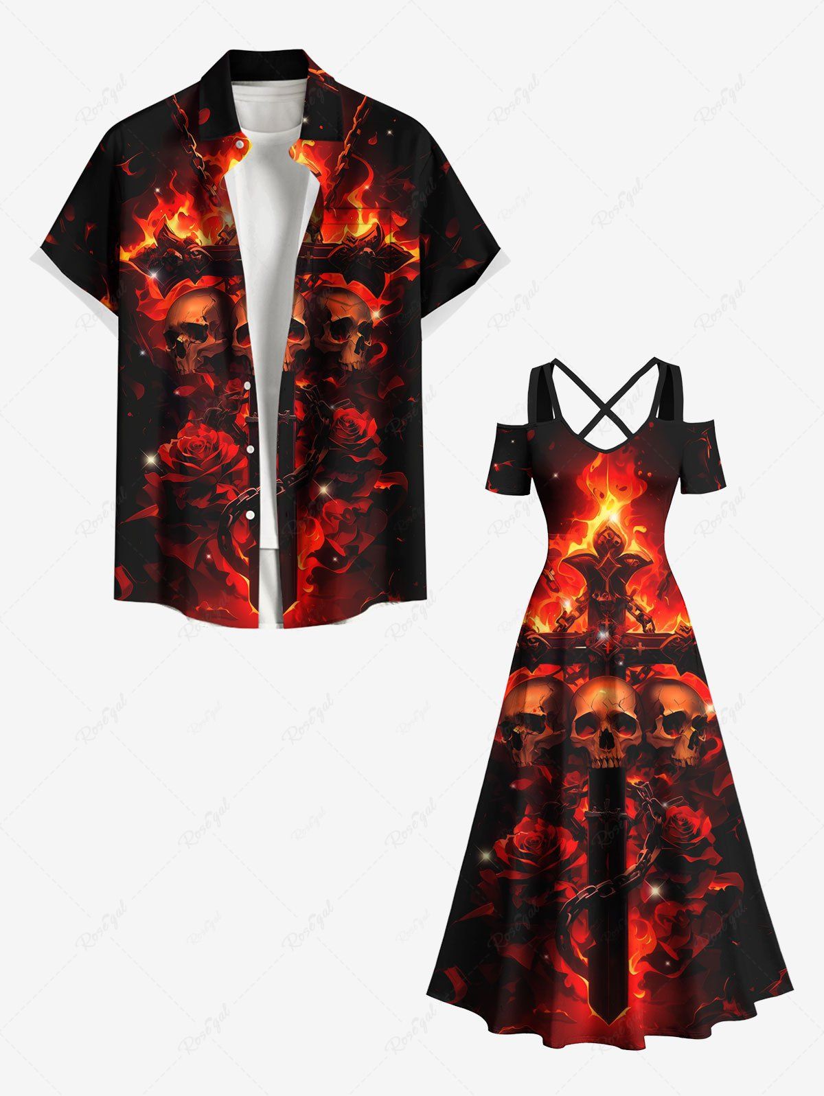 Trendy Halloween Skulls Fire Flame Rose Flower Cross Print Plus Size Matching Outfit For Couples  
