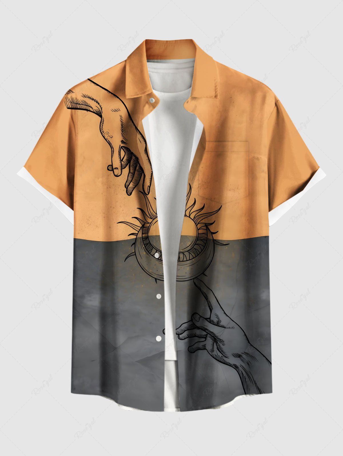Chemise grande taille à imprimé contrasté soleil et lune pour homme, avec poches boutonnées Orange 5XL