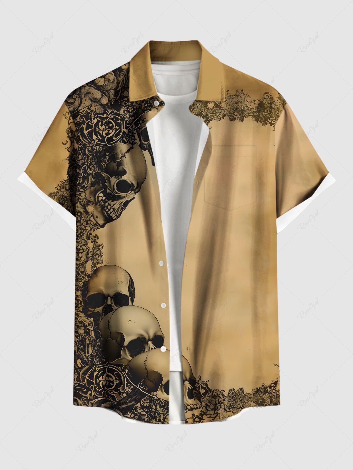 Chemise grande taille à imprimé tête de mort et fleurs pour homme, avec poches boutonnées et boutons, idéale pour Halloween Bronze XL