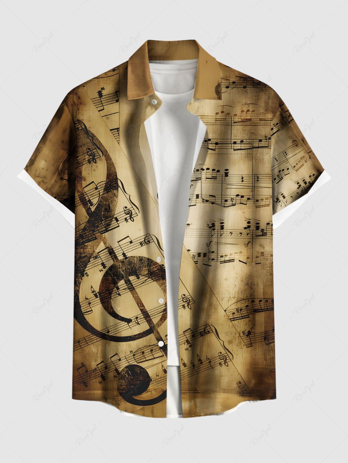 Chemise hawaïenne grande taille à imprimé symbole musical dégradé et poches boutonnées pour homme Bronze S
