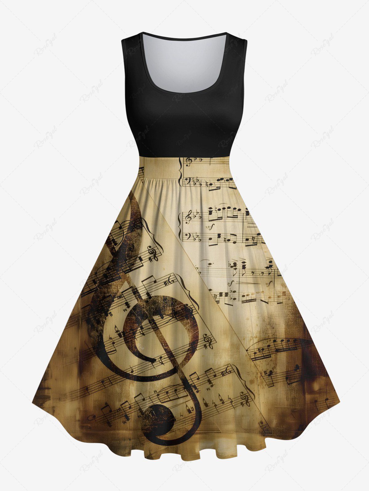 Robe trapèze style hawaïen vintage des années 1950, grande taille, effet vieilli, motif symboles musicaux ombrés Noir XXS