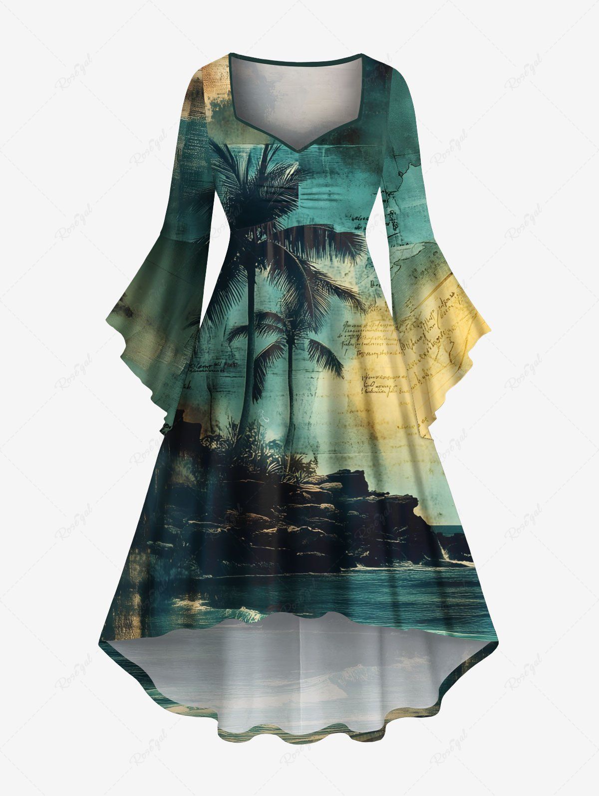 Best Plus Size Coconut Tree Sea Map Print Hawaii Ruched High Low Asymmetric Dress  