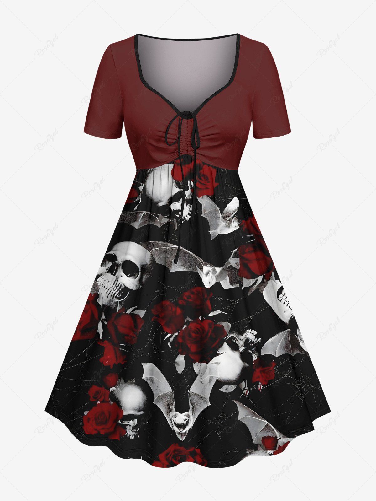 Latest Plus Size Skull Bat Rose Flower Print Halloween Cinched A Line Dress  