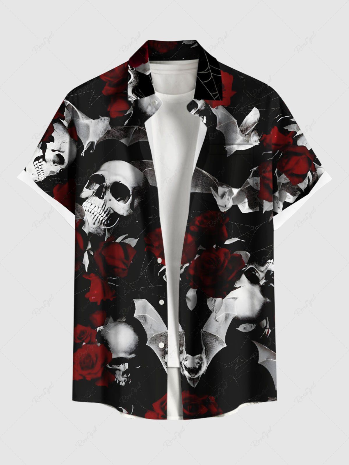 Chemise grande taille à imprimé tête de mort, chauve-souris, rose, Halloween, boutonnée et poche pour homme Noir 5XL