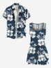 Ensemble chemise et barboteuse hawaïennes assorties, grande taille, tenue de plage, imprimé feuilles tropicales et hibiscus, pour couples - Bleu Marine 